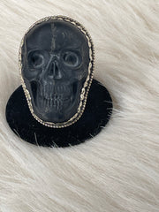 Large Black Skull Carved in Obsidian Adjustable Ornate Ring