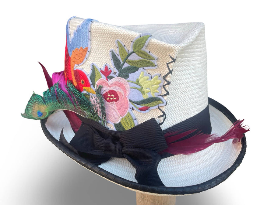 Meadow - Signature Pinch Front Top Hat with feather and bird detail Robin Boutique