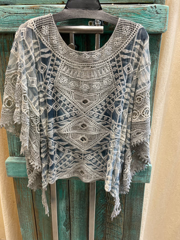 Lace and Crochet Top in Denim by Origami Robin Boutique