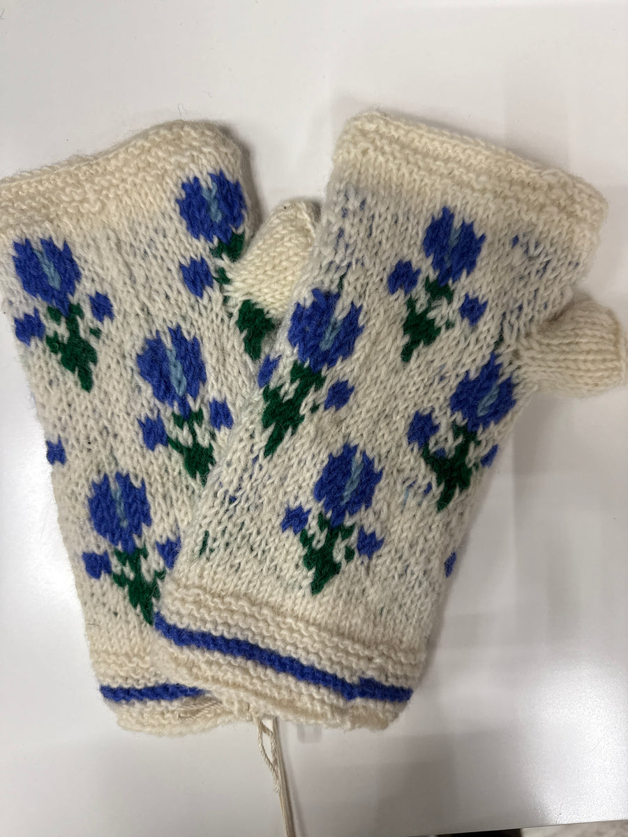 Ingrid Ecru Hand Knit Beanie Hat, Mittens and Fingerless Armwarmers By Many Hands