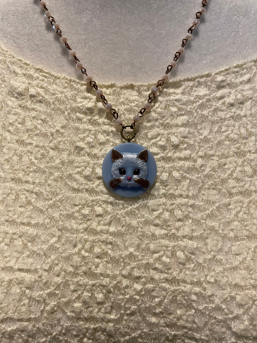 Vintage Cat Button Cameo Necklace by Gina