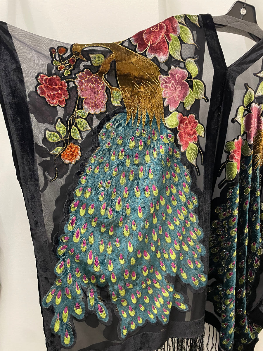 Silk Burnout Velvet Fringe Peacock Kimono by Aris A