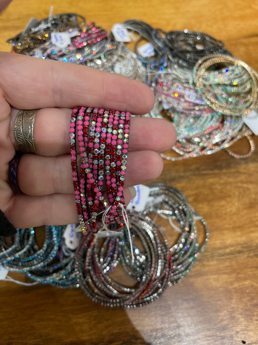 Rhinestone Tennis Stretch Bracelets on Black Silver