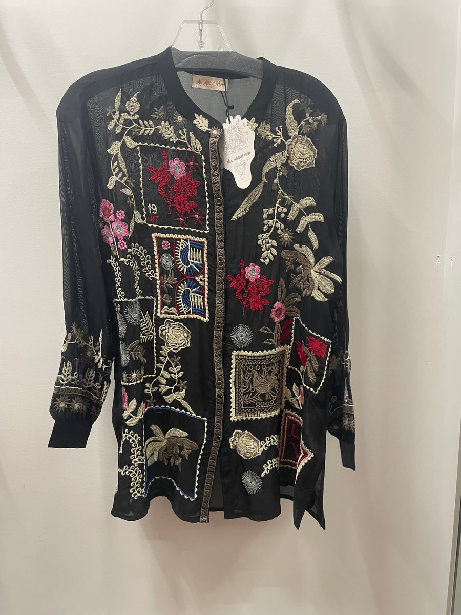 Embroidered Mandarin Button Tunic in Black by All About Her 6061