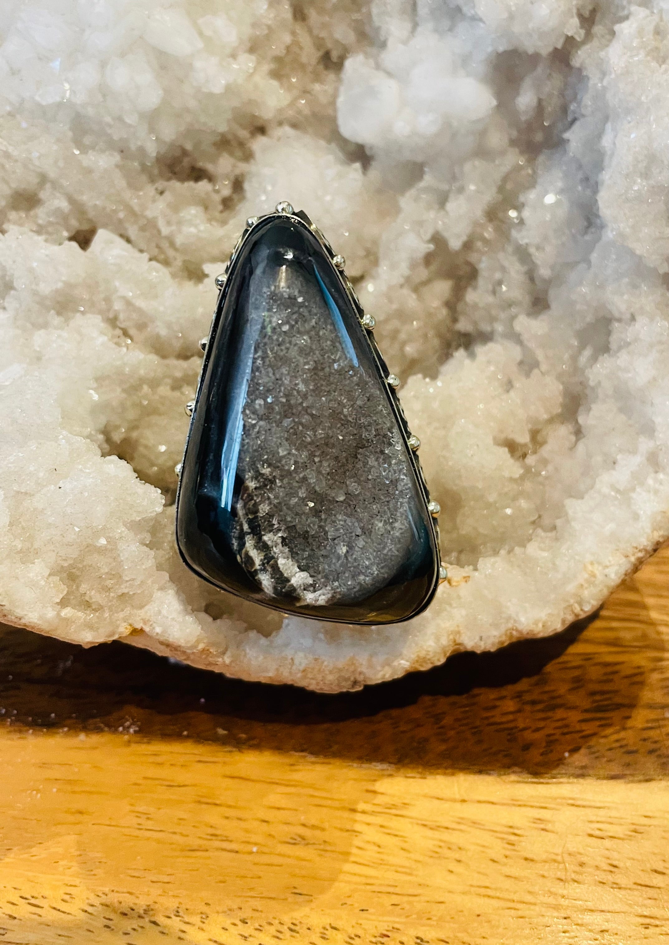 Drusy Black Triangle Agate Adjustable Ring