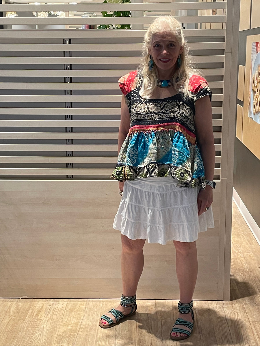 Kantha Sunrise "Dove" Sleeveless Ruffle Tank by Jaded Gypsy