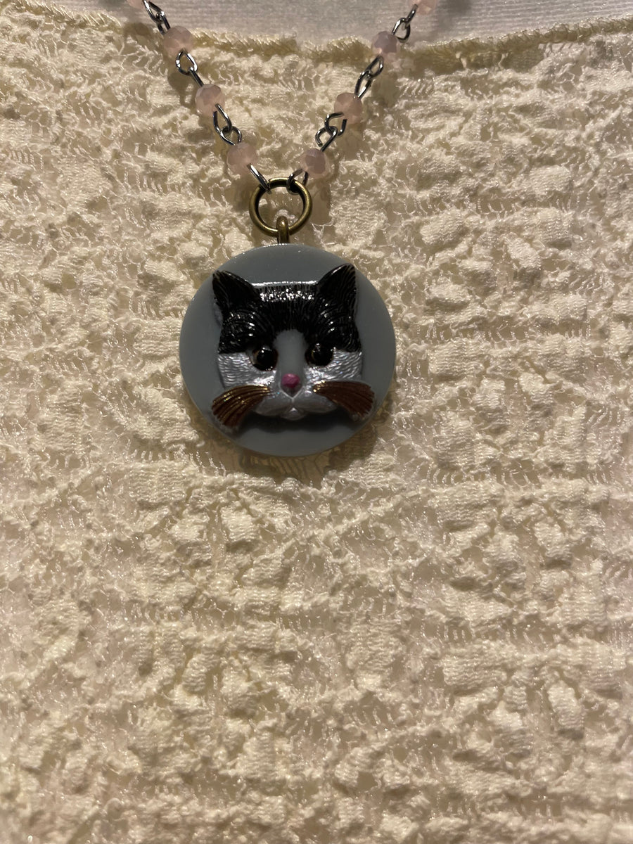 Vintage Cat Button Cameo Necklace by Gina