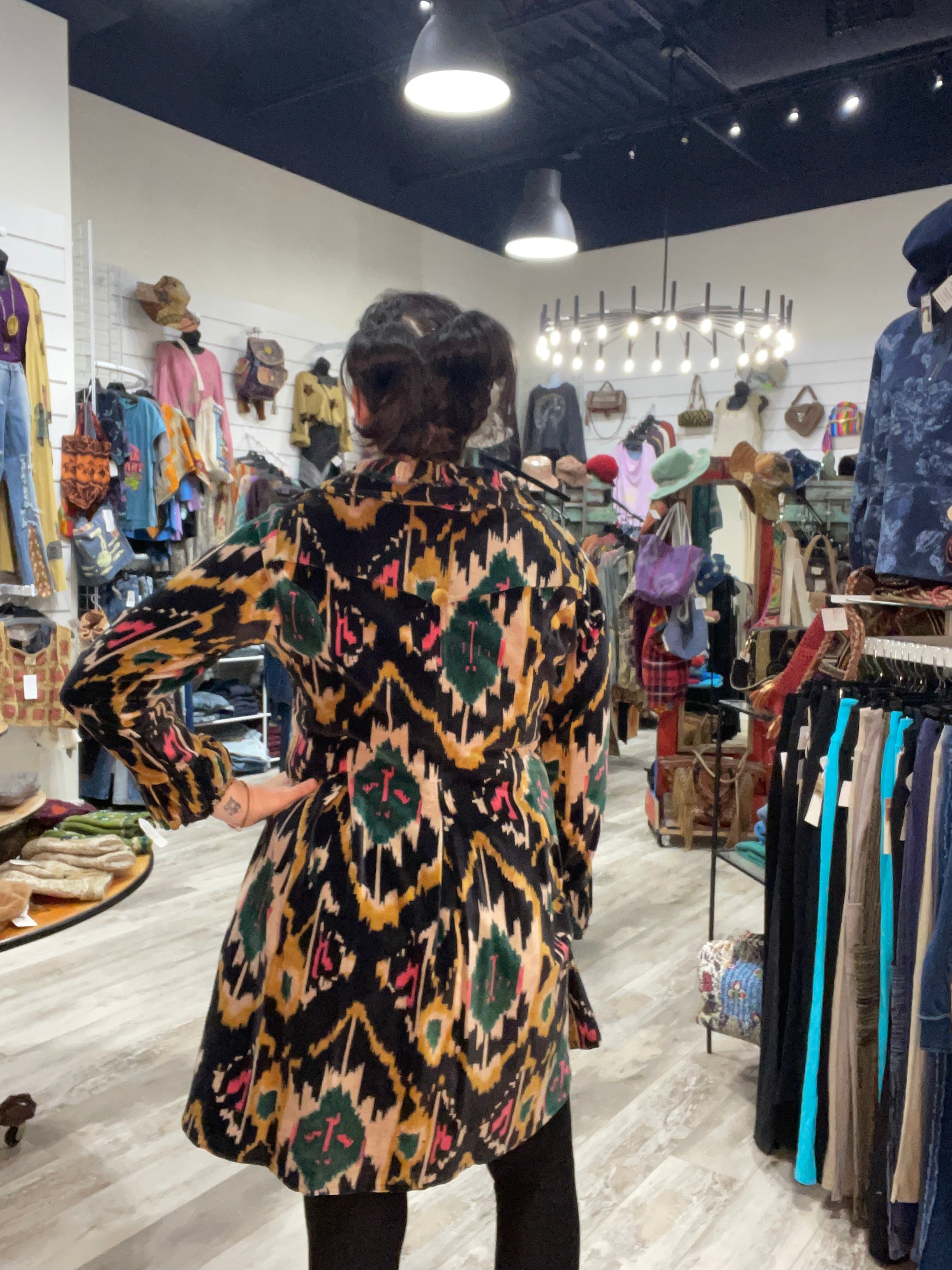 Ikat Velvet Knee Length Jacket by Paper Lace Robin Boutique