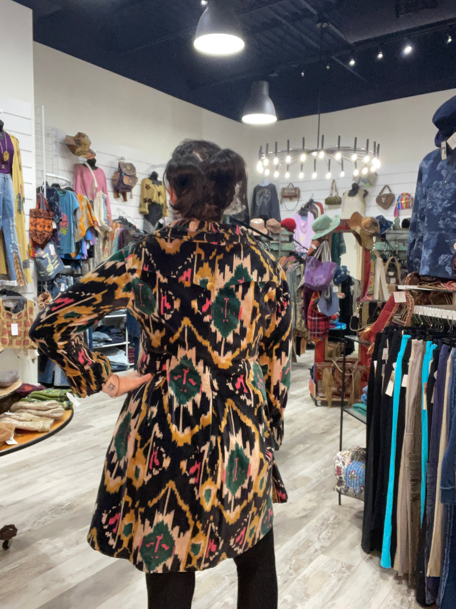 Ikat Velvet Knee Length Jacket by Paper Lace Robin Boutique