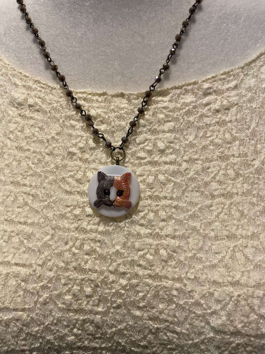 Vintage Cat Button Cameo Necklace by Gina