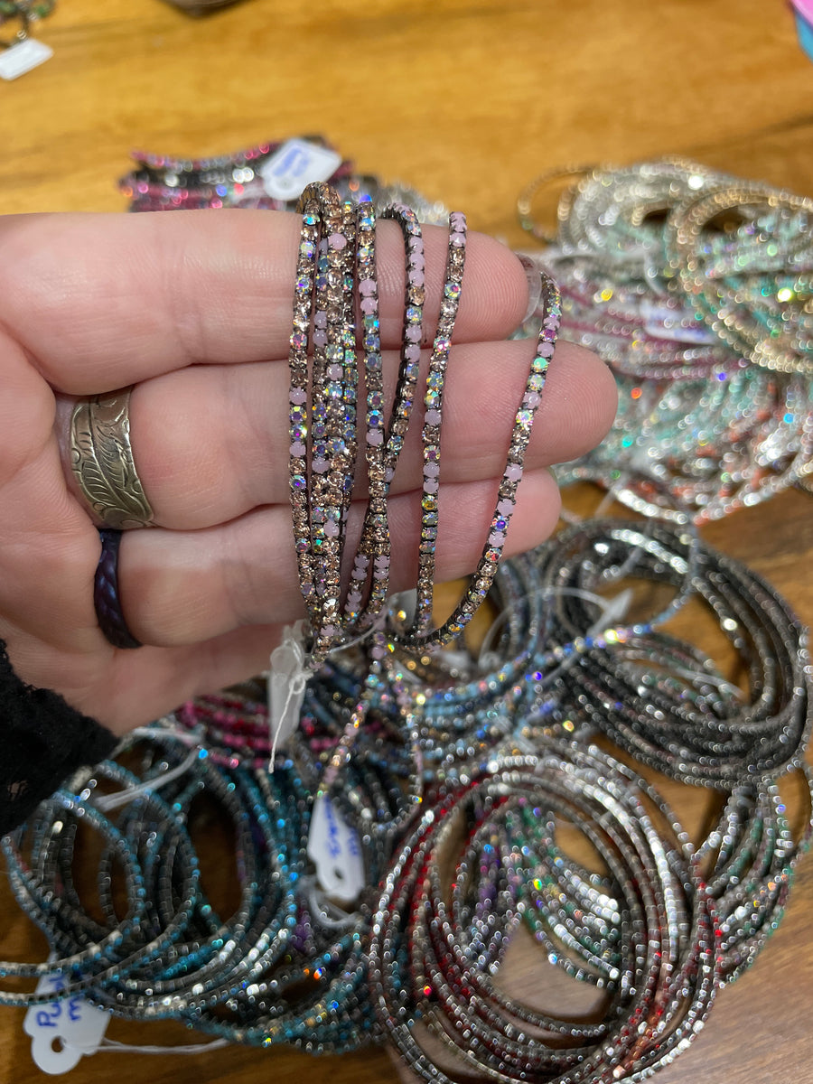 Rhinestone Tennis Stretch Bracelets on Black Silver