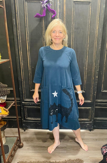 Crew Neck Hi-Lo Dress in Cat Star Print by Doodles - Robin Boutique-Boutique 