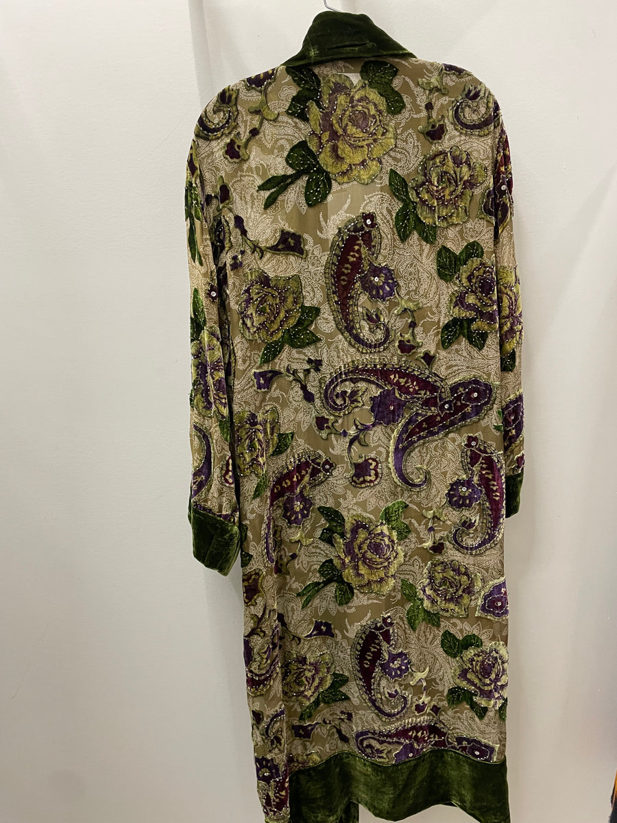 Beaded Silk Burnout Velvet Long Kimono by Aris A