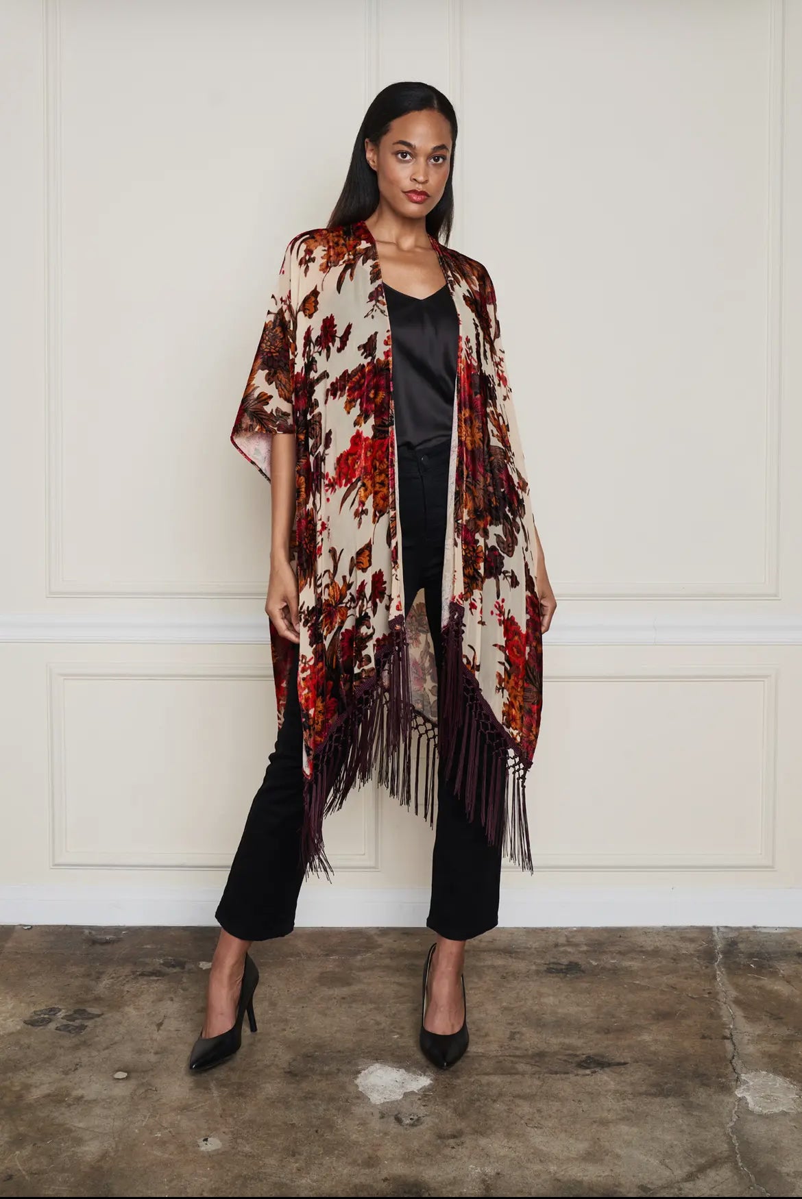 Burnout Velvet Floral Fringe Kimono by Paparazzi