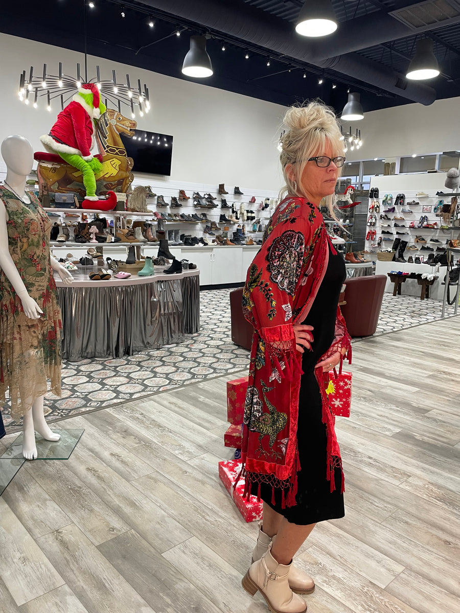 Silk Burnout Velvet Fringe Flutter Kimono by Aris A