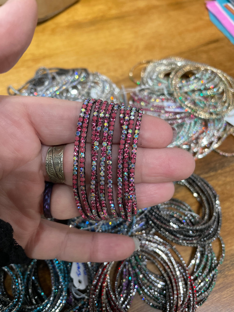 Rhinestone Tennis Stretch Bracelets on Black Silver