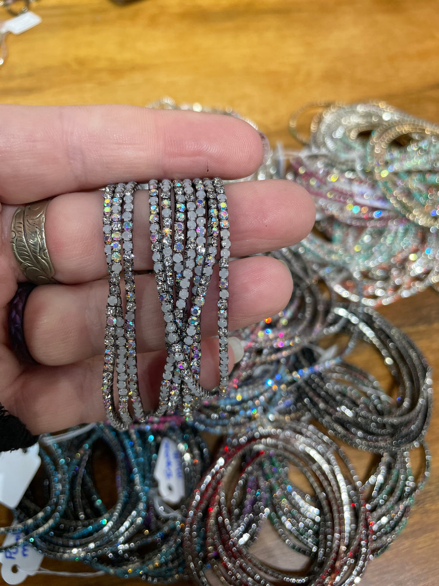Rhinestone Tennis Stretch Bracelets on Black Silver