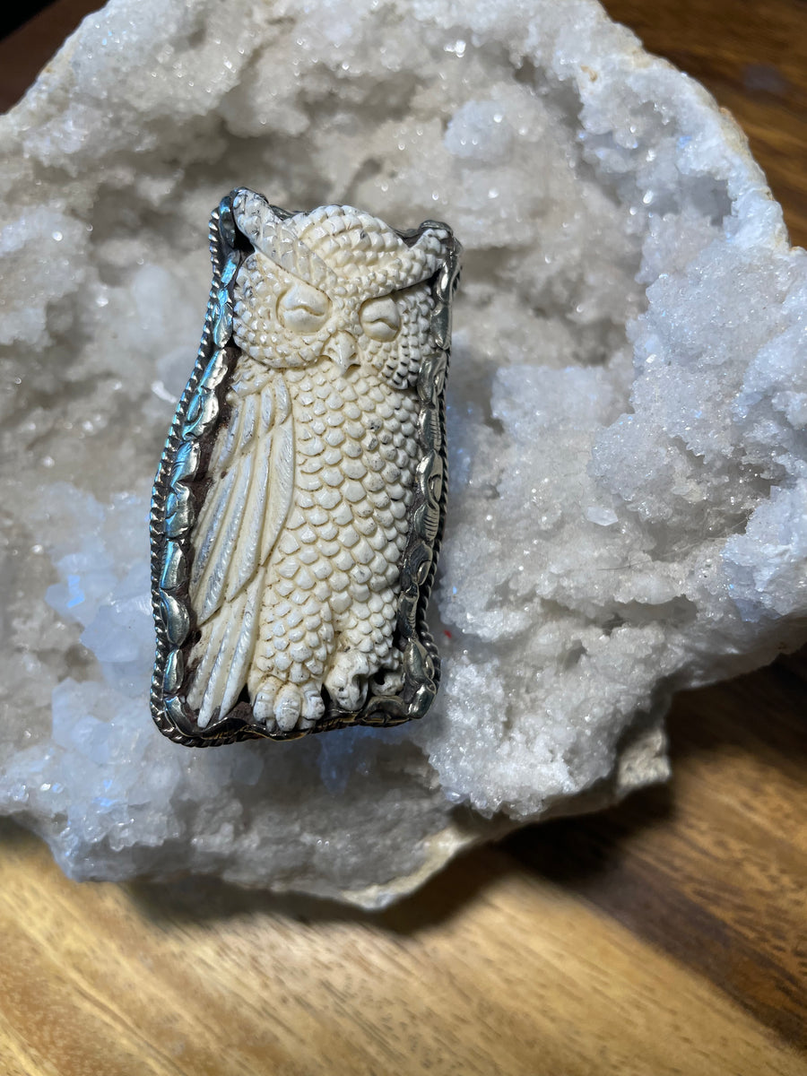 Owl Carved in Bone Adjustable Ornate Ring