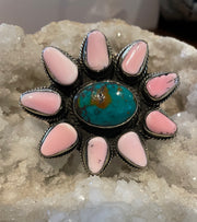 Pink Coral and Turquoise Flower Adjustable Ornate Ring
