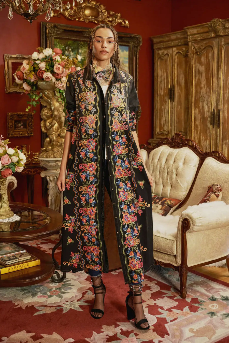 Meadow Of Flowers Embroidered Shirt Dress/Duster by Aratta