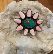 Pink Coral and Turquoise Flower Adjustable Ornate Ring