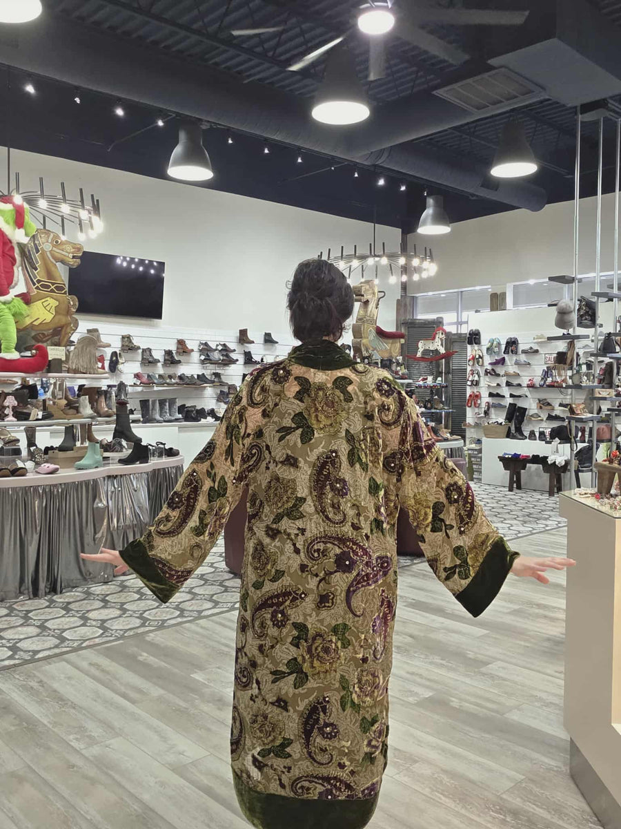 Beaded Silk Burnout Velvet Long Kimono by Aris A