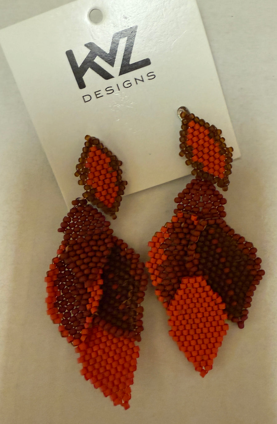 Earrings with 5 Beaded Leaves -Coral Red & Brown Robin Boutique