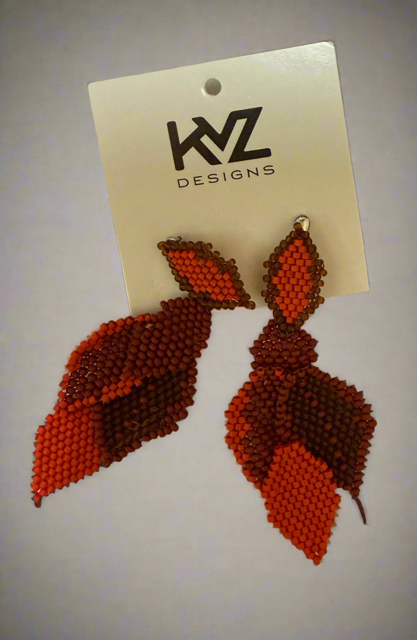 Earrings with 5 Beaded Leaves -Coral Red & Brown Robin Boutique