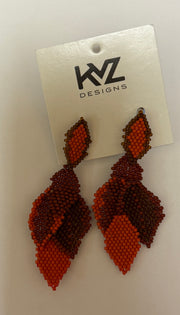 Earrings with 5 Beaded Leaves -Coral Red & Brown Robin Boutique
