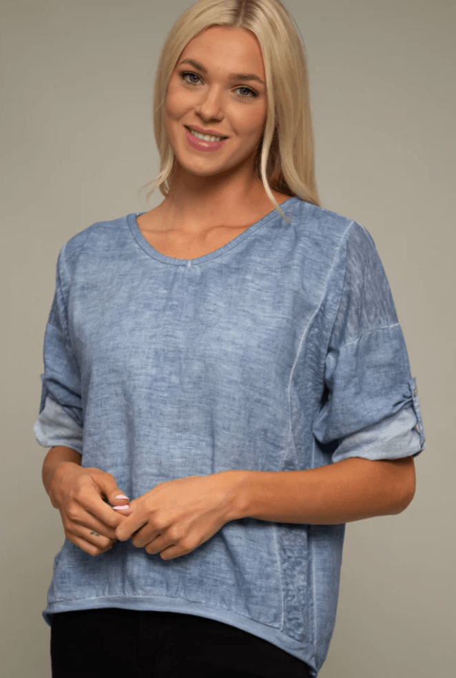 Linen 3/4 sleeve V-Neck Top K2041148 Turquoise - Robin Boutique-Boutique 