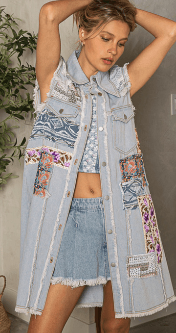 POL Blue Denim Patchwork Long Vest GWD18 - Robin Boutique-Boutique 