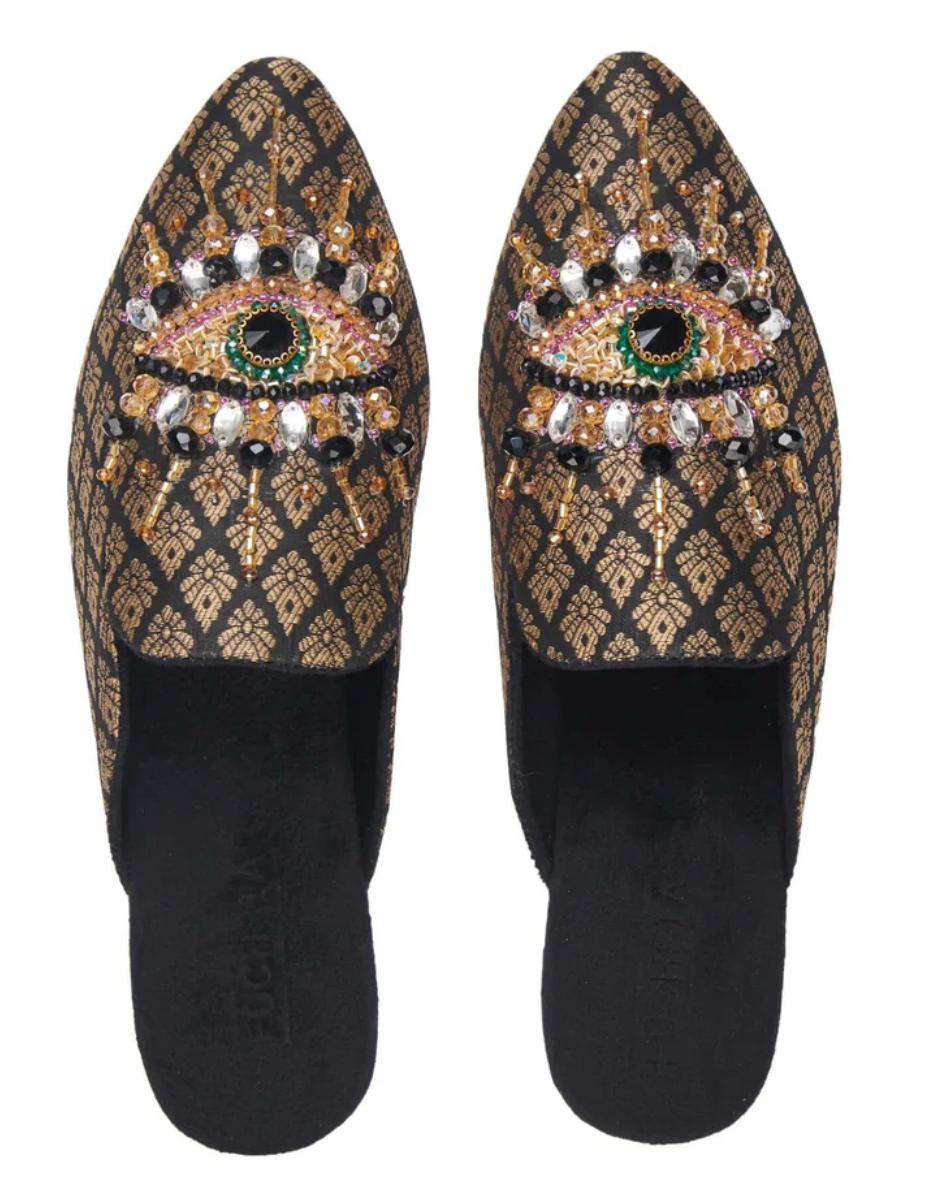 The Good Eye - Black Banarse Mules Flats  Robin Boutique