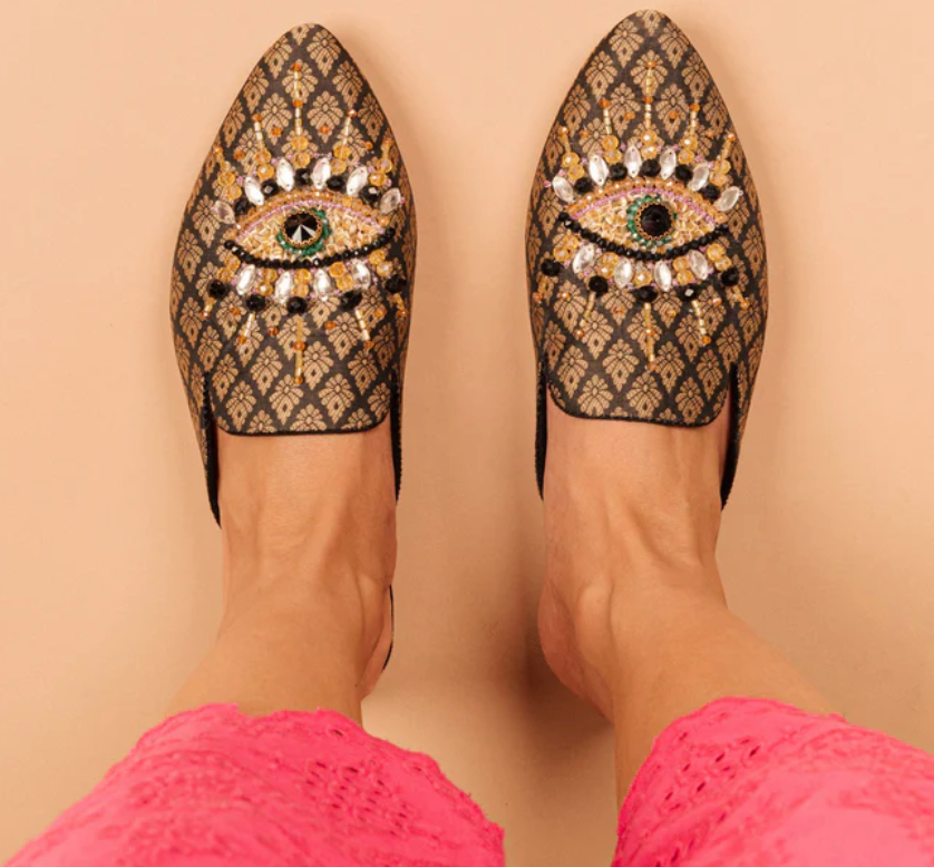 The Good Eye - Black Banarse Mules Flats  Robin Boutique