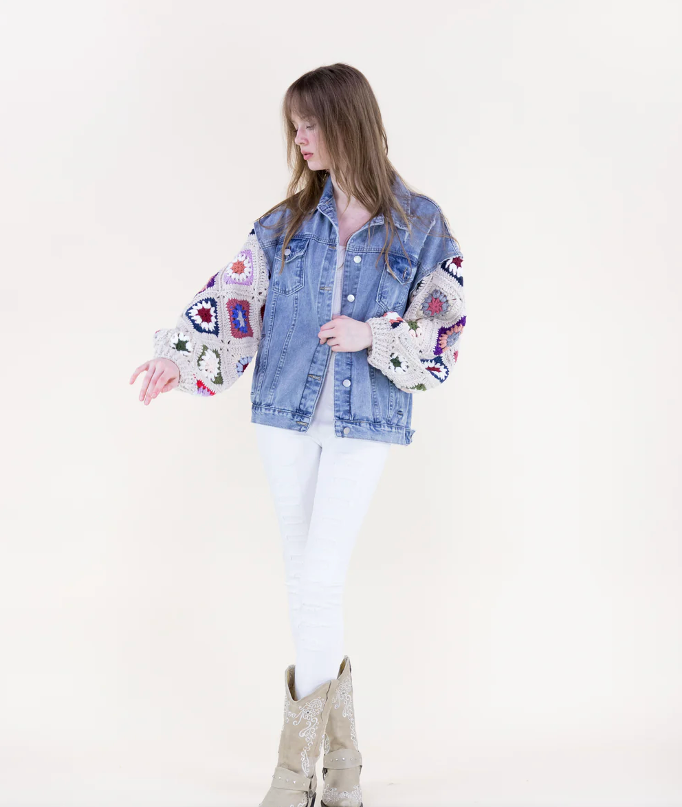 Boho Handmade Crochet Sleeves Denim Jacket Robin Boutique