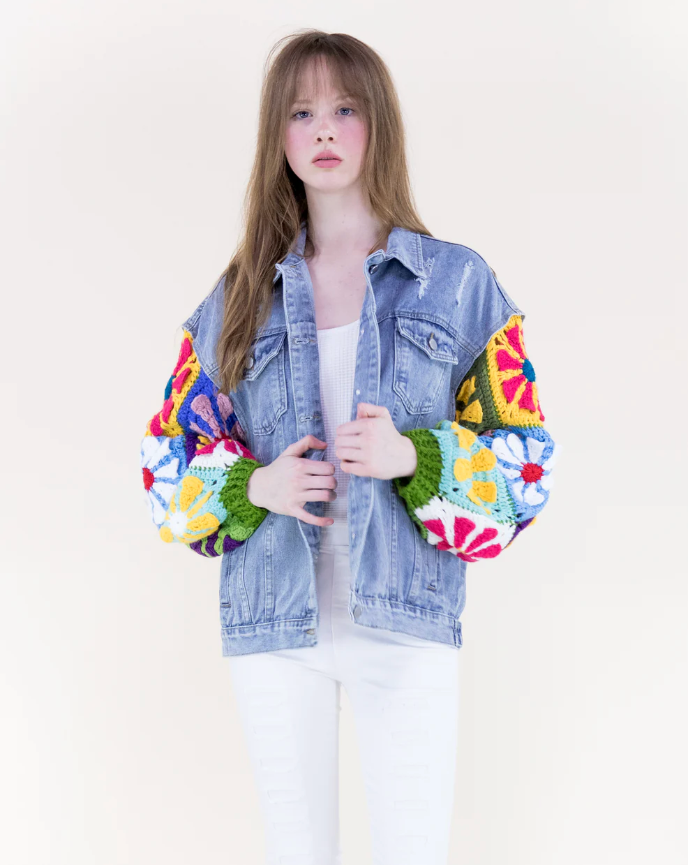 Boho Handmade Crochet Sleeves Denim Jacket Robin Boutique