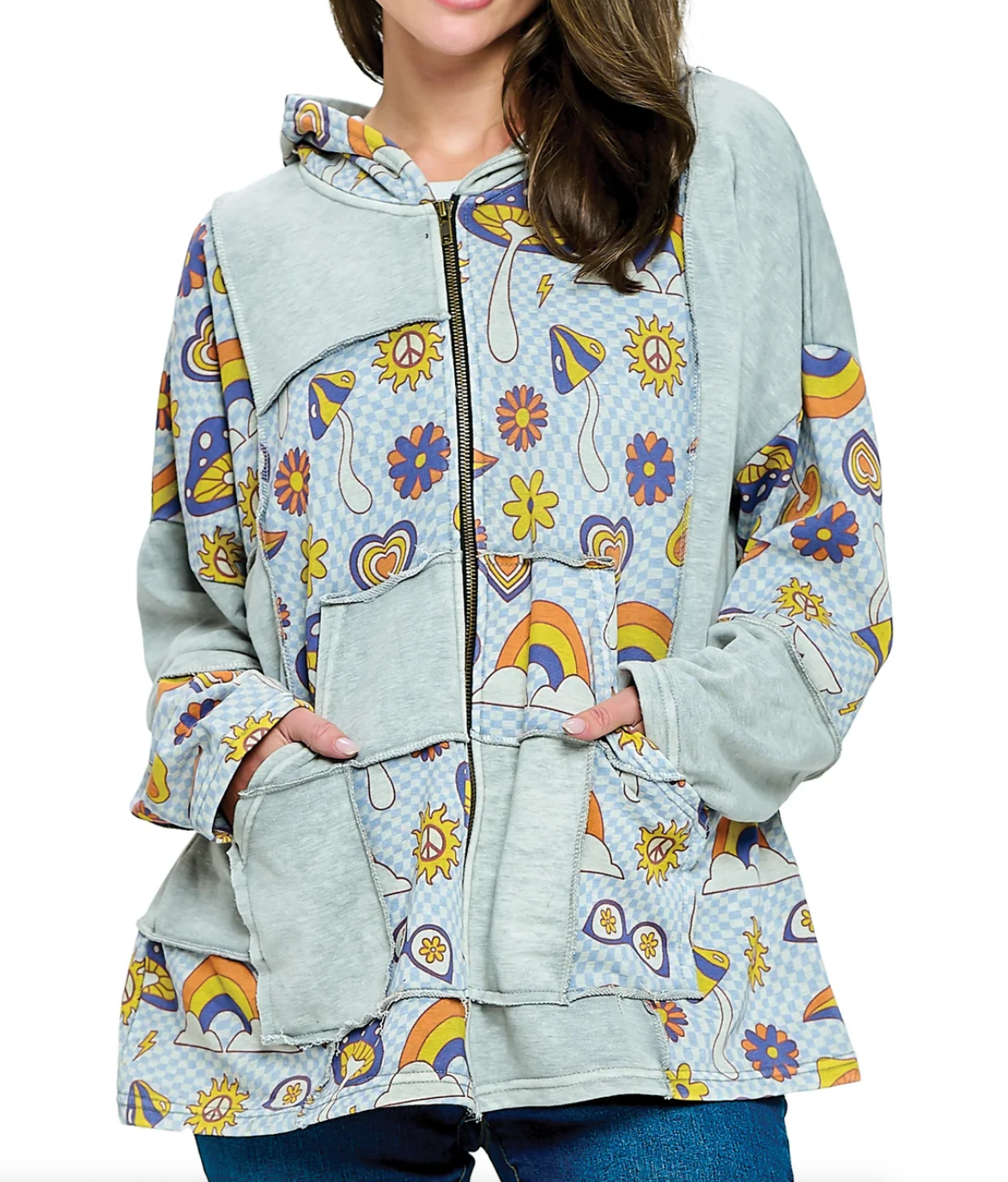 ZipUp Hoodie Peace Floral Patch Jacket Robin Boutique