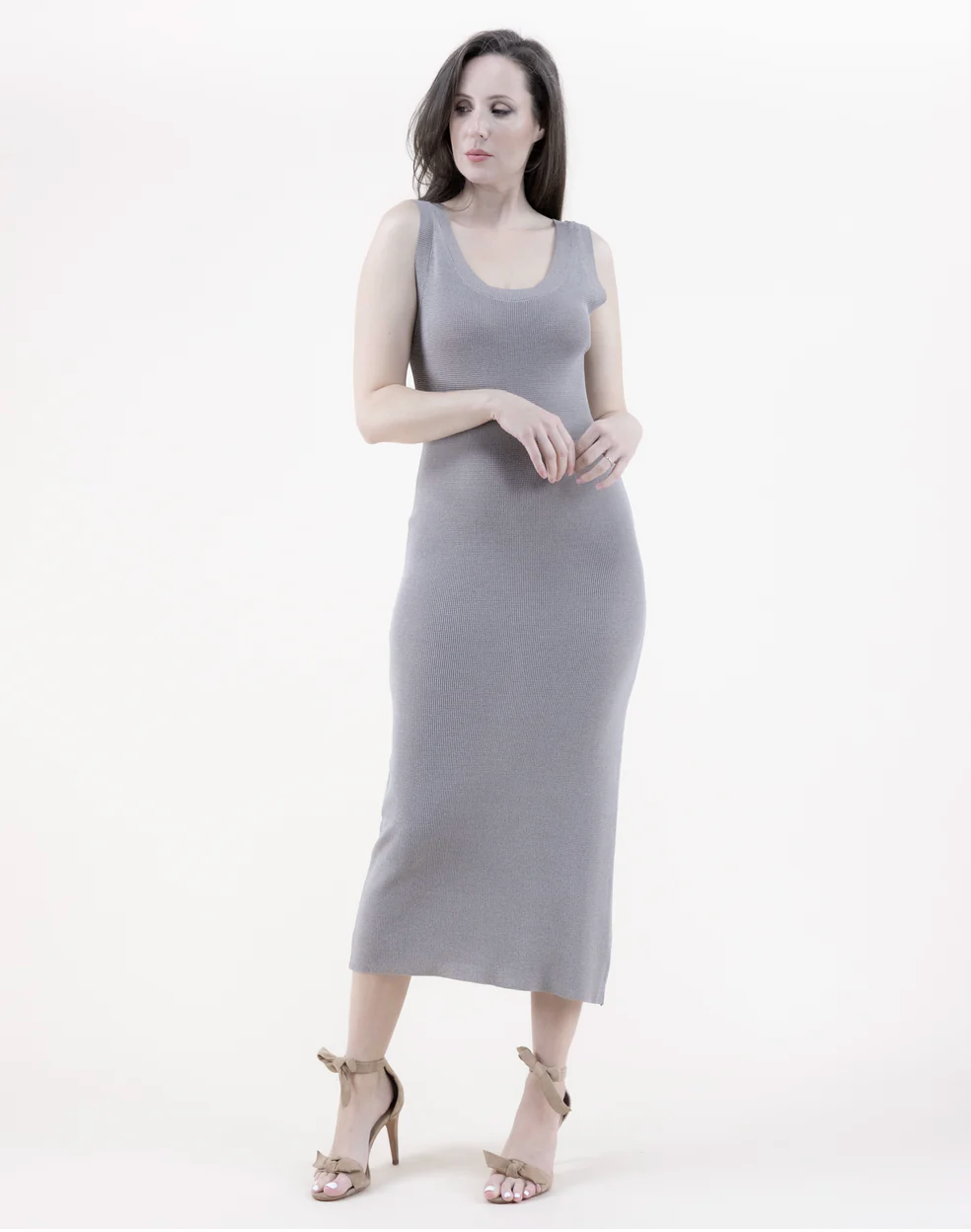 Neutral Sleeveless Small Mesh Stitch Knitted Stretch Dress Robin Boutique