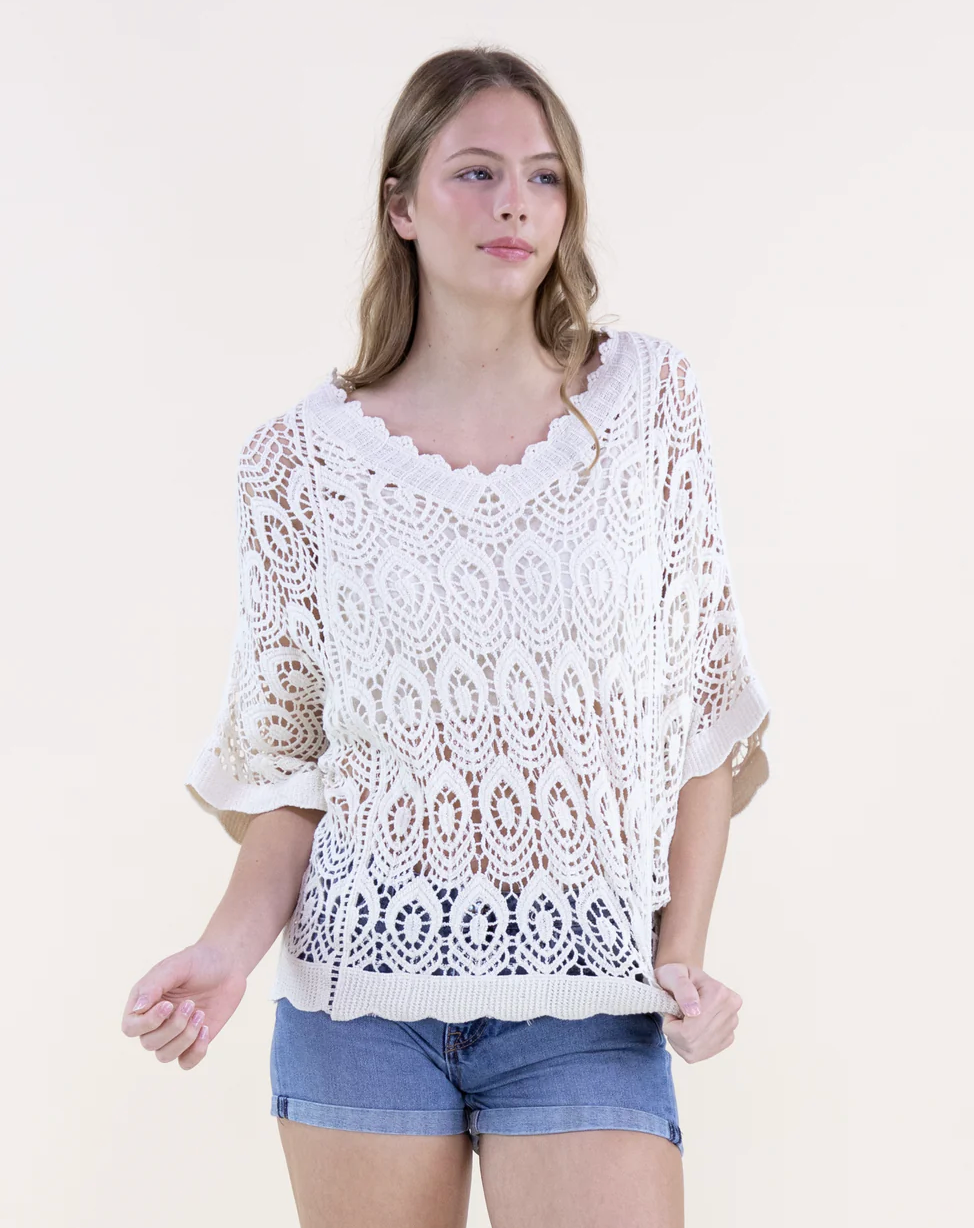 Peacock Feather Scalloped Hem Crochet Lace Bat Wing Top Robin Boutique