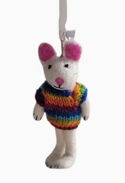 Wool Felt Christmas Ornament- Bunny in a Rainbow Sweater Robin Boutique