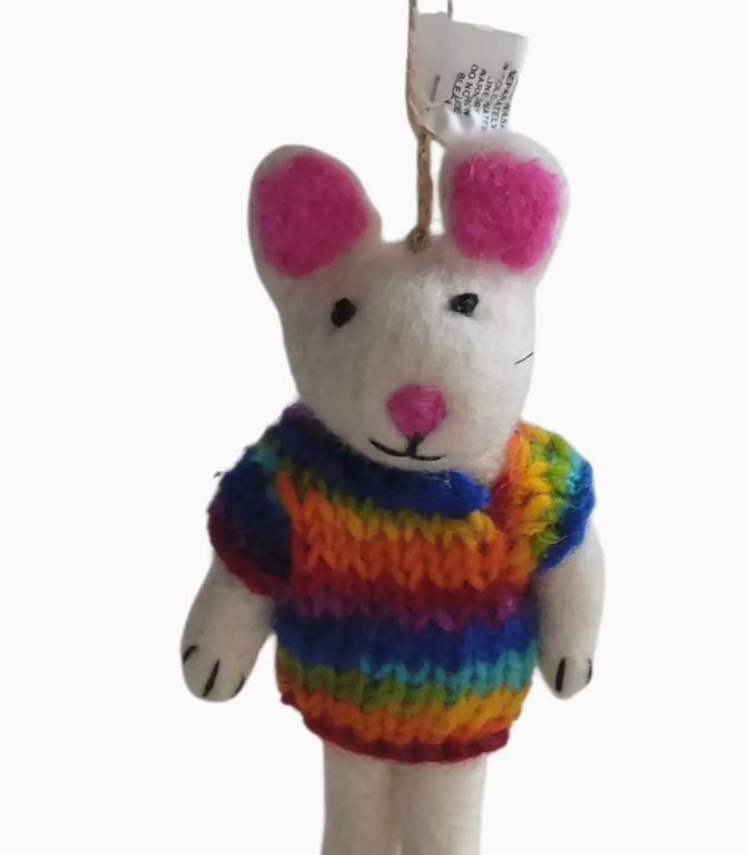 Wool Felt Christmas Ornament- Bunny in a Rainbow Sweater Robin Boutique
