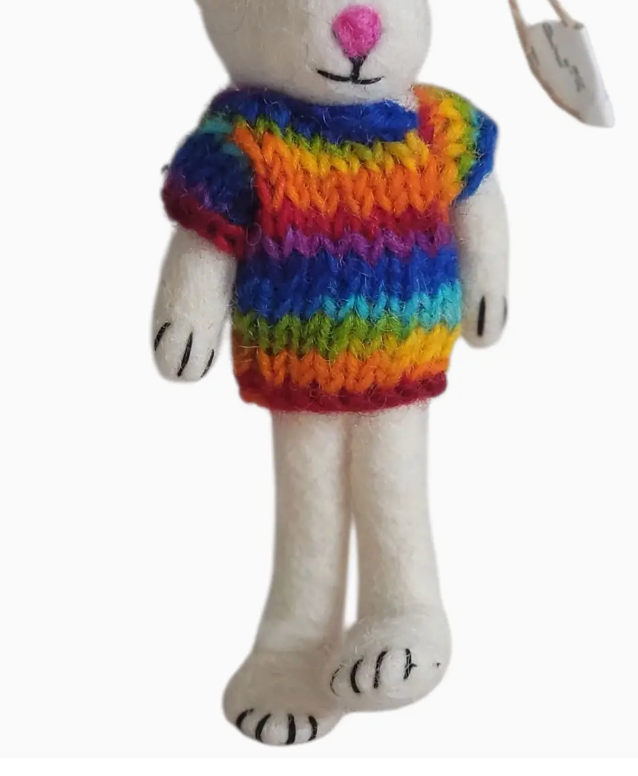 Wool Felt Christmas Ornament- Bunny in a Rainbow Sweater Robin Boutique
