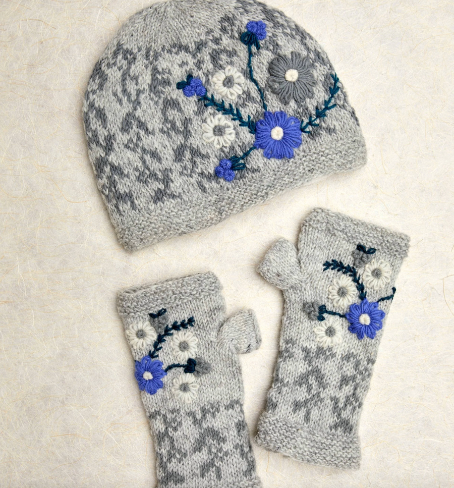 Lila Gray Hand Knit Beanie Hat, Mittens and Fingerless Armwarmers By Many Hands Robin Boutique