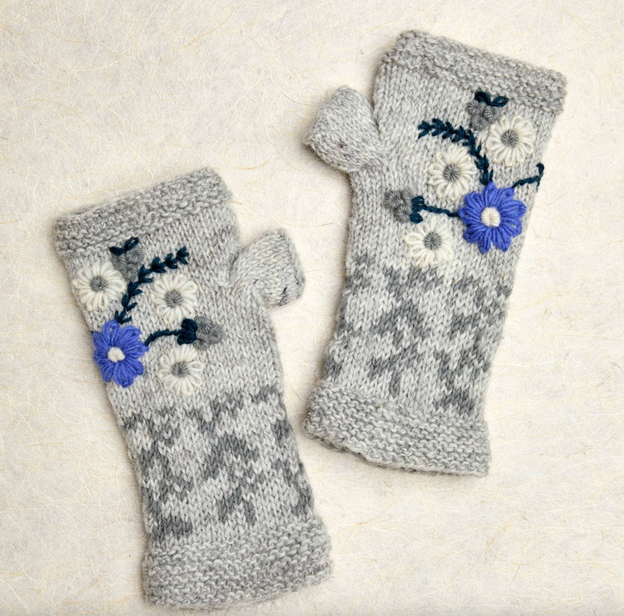 Lila Gray Hand Knit Beanie Hat, Mittens and Fingerless Armwarmers By Many Hands Robin Boutique