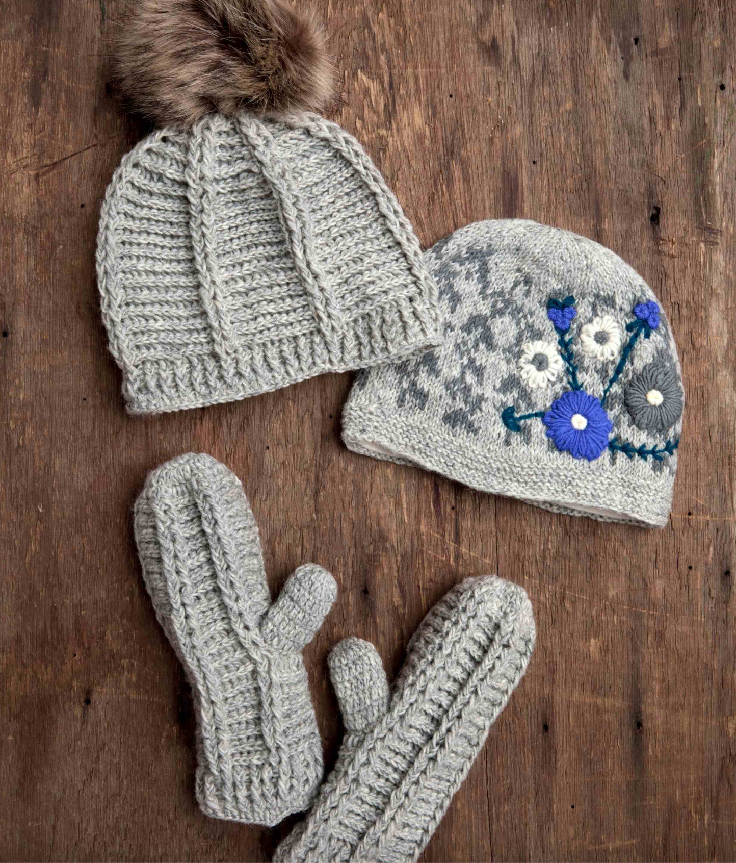 Lila Gray Hand Knit Beanie Hat, Mittens and Fingerless Armwarmers By Many Hands Robin Boutique