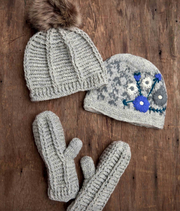 Lila Gray Hand Knit Beanie Hat, Mittens and Fingerless Armwarmers By Many Hands Robin Boutique