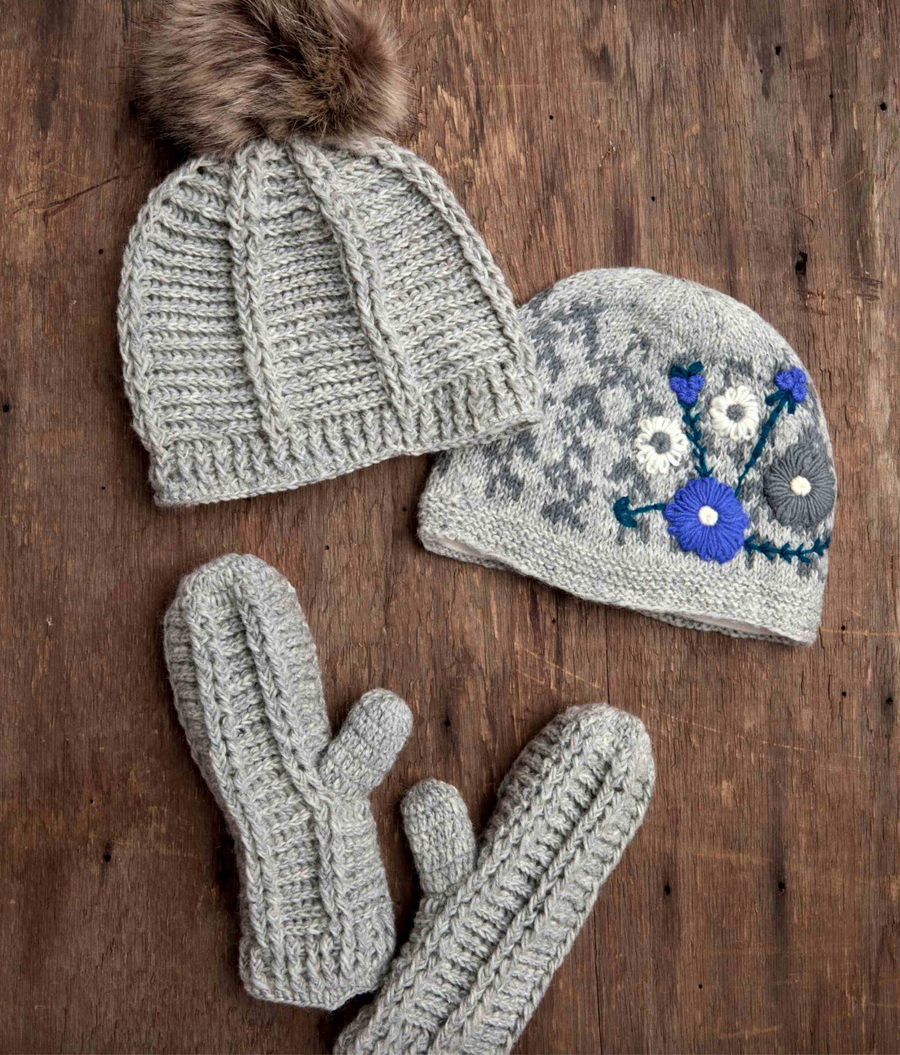 Lila Gray Hand Knit Beanie Hat, Mittens and Fingerless Armwarmers By Many Hands Robin Boutique