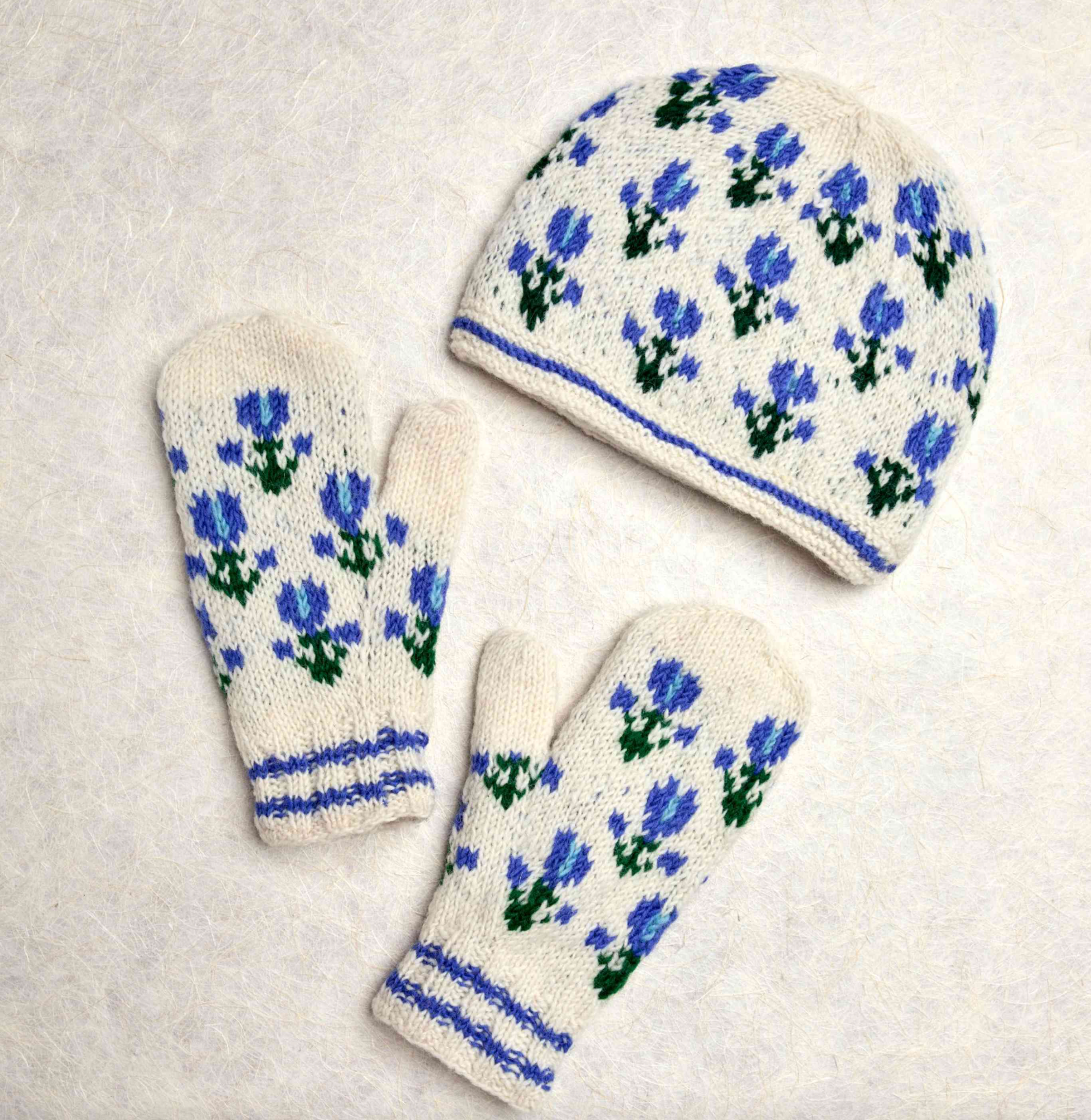 Ingrid Ecru Hand Knit Beanie Hat, Mittens and Fingerless Armwarmers By Many Hands