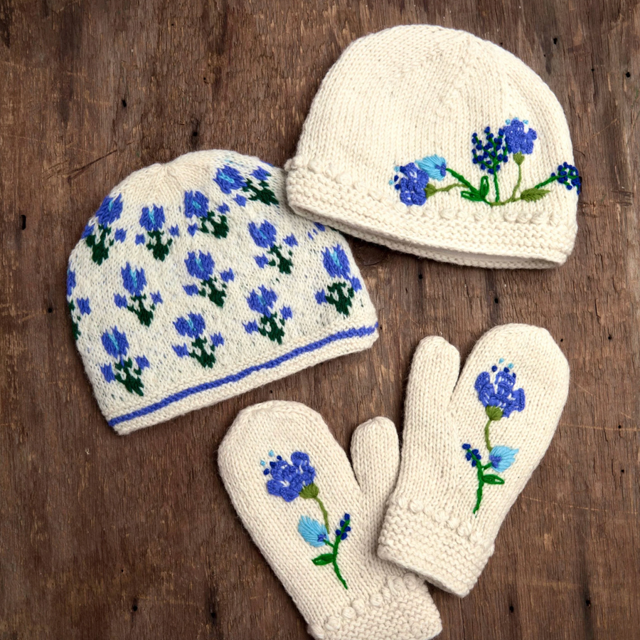 Ingrid Ecru Hand Knit Beanie Hat, Mittens and Fingerless Armwarmers By Many Hands