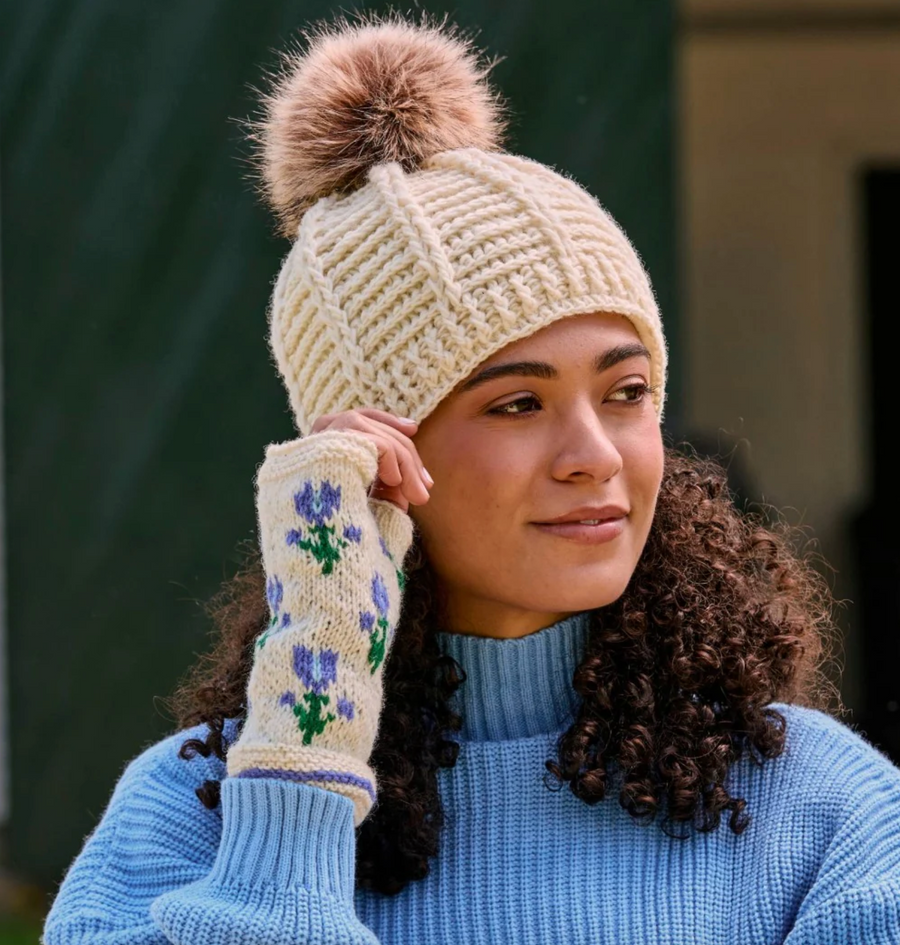 Ingrid Ecru Hand Knit Beanie Hat, Mittens and Fingerless Armwarmers By Many Hands