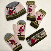 Dark Forest Color Block Knit Beanie Hat, Mittens and Fingerless Armwarmers By Many Hands Robin Boutique